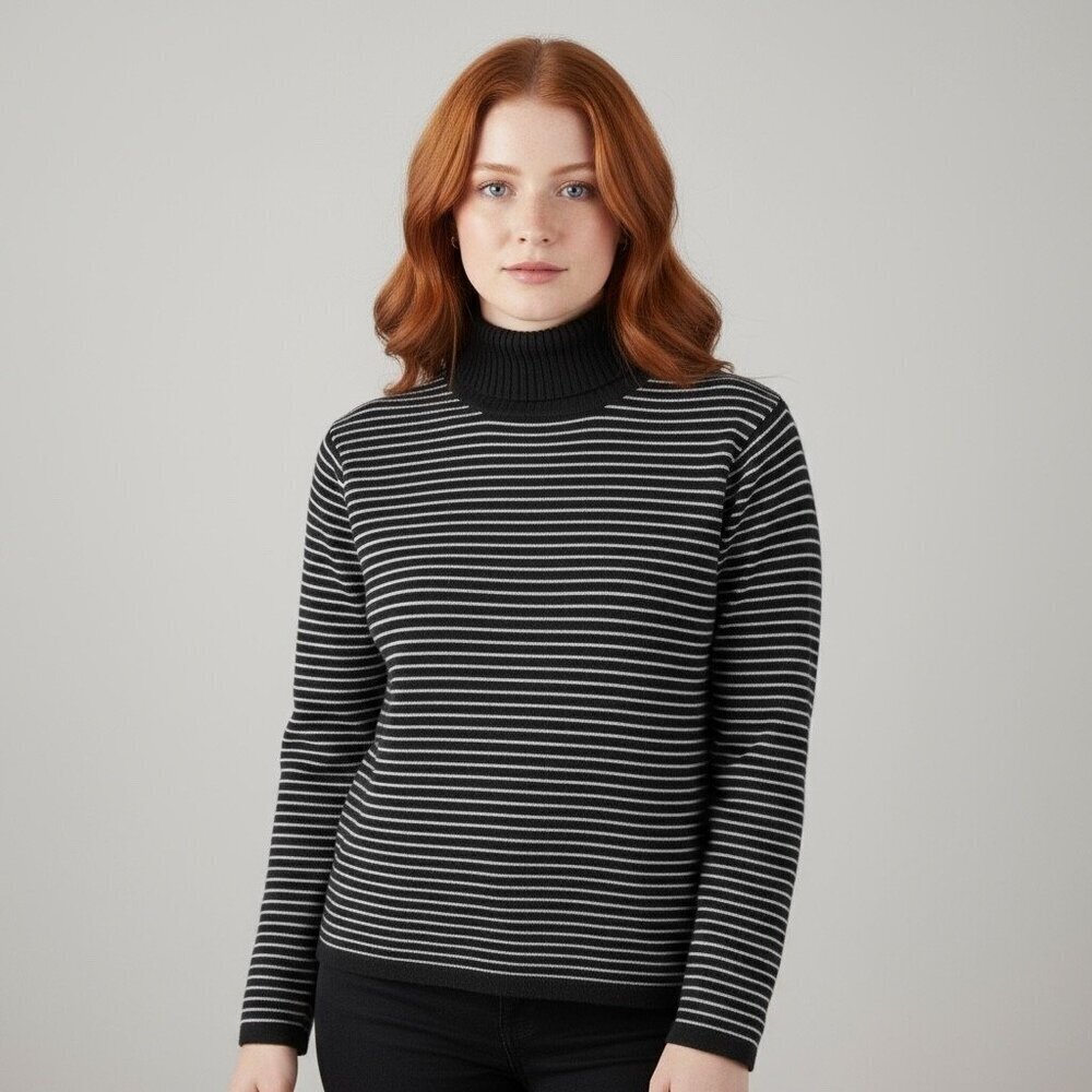 Sylviewear 100% Pure New Wool Turtleneck Sweater Black & White Stripe Size Large